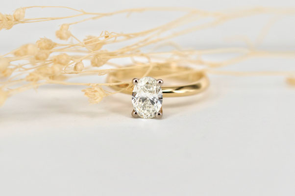 Ovaler 1 Karäter in Weißgoldfassung und einer Schiene aus Gelbgold