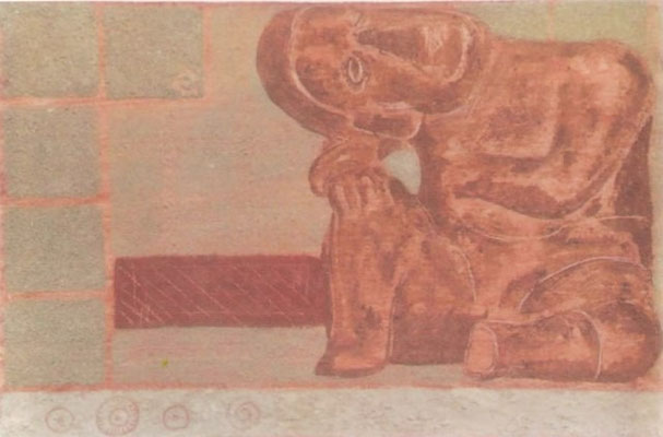 Título: IZTLACOLIUHQUI (TORCIDO DE OBSIDIANA) / técnica: TIERRAS NATURALES SOBRE MADERA / dimensiones: 48 cm. X 69 cm.