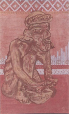 Título: XOLOTL (DIOS DE LOS DEFORMES) / técnica: TIERRAS NATURALES SOBRE MADERA / dimensiones: 89 cm. X 55 cm.