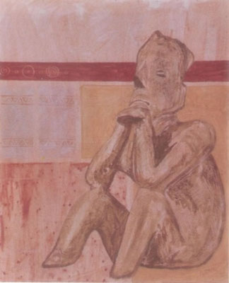 Título: TEOTL COZAUCA (DIOS QUE ESTÁ AMARILLO) / técnica: TIERRAS NATURALES SOBRE MADERA / dimensiones: 75 cm. X 60 cm.