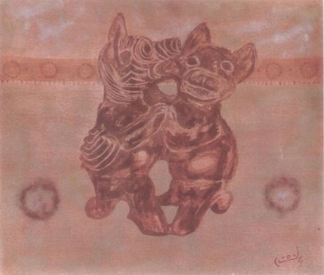 Título: ITCUINTLI II (PERRO II) / técnica: TIERRAS NATURALES SOBRE MADERA / dimensiones: 65 cm. X 75  cm.