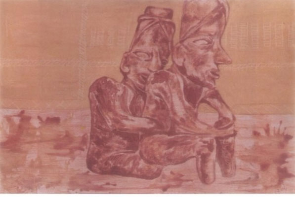 Título: TLAZOLTEOTL (DIOSA DEL AMOR CARNAL) / técnica: TIERRAS NATURALES SOBRE MADERA / dimensiones: 60 cm. X 89 cm.