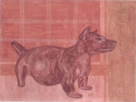 Título: ITZCUINTLI I (PERRO I) / técnica: TIERRAS NATURALES SOBRE MADERA / dimensiones: 60 cm. X 78 cm.