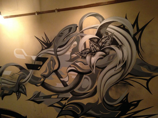 Mural at KITSUNE, Cast:XOLA,  Noiz-davi, Yusei Sagawa from Rinpaeshidan, 2015, Osaka, Japan