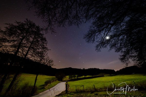 A typical luxemburgish Landscape by almost full moon with the Orion constellation in the middle (single photo 14 mm)