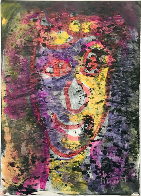 21- Peinture Aniline sur papier - L 25 cm X H 34,5  cm  Titre Clown Kiri   Année 1989  Artiste  Danielle STEIL MARCHAL 