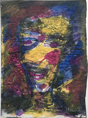 25- Peinture Aniline sur papier - L 25 cm X H 34,5  cm  Titre Clown Van Gogh   Année 1989  Artiste  Danielle STEIL MARCHAL 