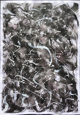 4- Encre de Chine sur papier  L 29,7cm X H 42cm Titre Nébuleuse  Artiste Danielle STEIL MARCHAL Année 2019