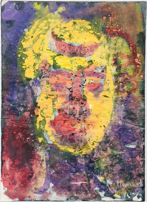 11- Peinture Aniline sur papier - L 25 cm X H 34,5  cm  Titre Clown Monroe  Année 1989  Artiste  Danielle STEIL MARCHAL 