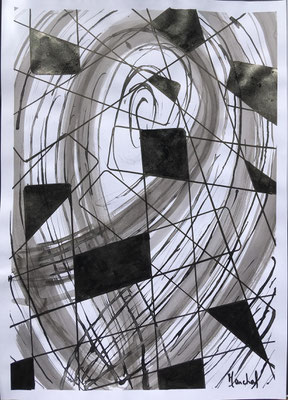 5- Encre de Chine  sur papier             L 29,7cm X H 42cm Titre Tornade  Artiste Danielle STEIL MARCHAL Année 2019