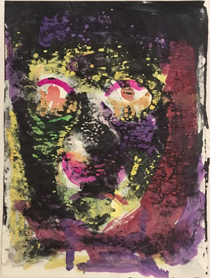 26- Peinture Aniline sur papier - L 25 cm X H 34,5  cm  Titre Clown cacahuette   Année 1989  Artiste  Danielle STEIL MARCHAL 