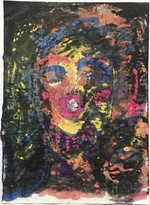 23- Peinture Aniline sur papier - L 25 cm X H 34,5  cm  Titre Clown Callas   Année 1989  Artiste  Danielle STEIL MARCHAL 