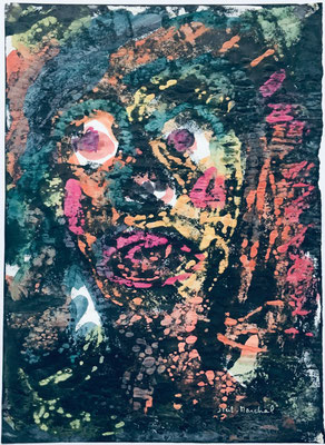 9- Peinture Aniline sur papier - L 25 cm X H 34,5  cm  Titre Clown chouette   Année 1989  Artiste  Danielle STEIL MARCHAL 