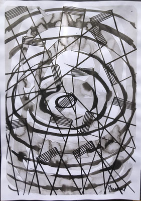 19- Encre de Chine  sur papier             L 29,7cm X H 42cm Titre Manège Artiste Danielle STEIL MARCHAL Année 2019