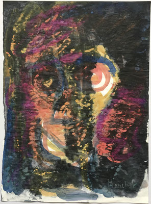 17- Peinture Aniline sur papier - L 25 cm X H 34,5  cm  Titre Clown crâne   Année 1989  Artiste  Danielle STEIL MARCHAL 