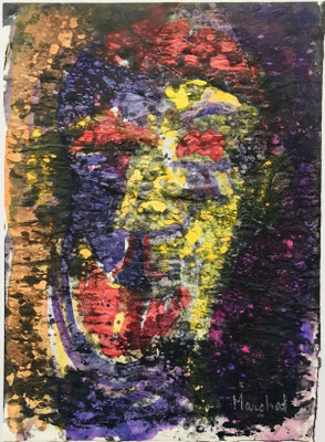 2- Peinture Aniline sur papier - L 25 cm X H 34  cm  Titre Clown Dominique  -  Année 1989  Artiste  Danielle STEIL MARCHAL