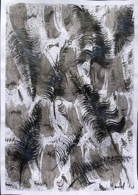 28- Encre de Chine  sur papier        L 29,7cm X H 42cm Titre Fougères    Artiste Danielle STEIL MARCHAL Année 2019