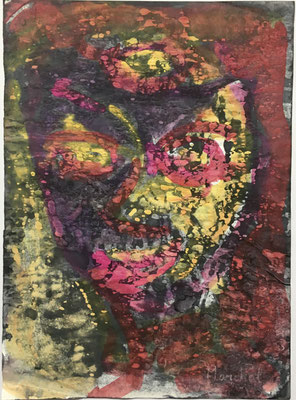 24- Peinture Aniline sur papier - L 25 cm X H 34,5  cm  Titre Clown Superman  Année 1989  Artiste  Danielle STEIL MARCHAL 