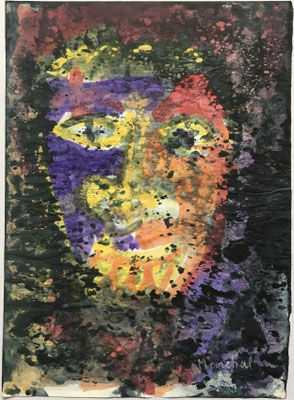 1-  Peinture Aniline sur papier  - L 25 cm X H 34  cm  Titre Clown Maya  -  Année 1989  Artiste  Danielle STEIL MARCHAL   