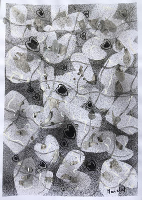 24- Encre de Chine  sur papier     L 29,7cm X H 42cm Titre Coeurs croisés Artiste Danielle STEIL MARCHAL Année 2019