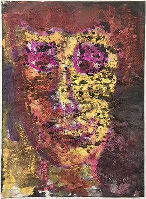 14- Peinture Aniline sur papier - L 25 cm X H 34,5  cm  Titre Clown Reitz  Année 1989  Artiste  Danielle STEIL MARCHAL 