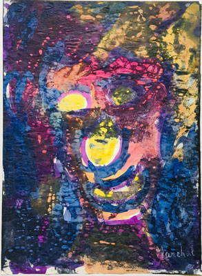 6- Peinture Aniline sur papier - L 25 cm X H 34  cm  Titre Clown borgne-  Année 1989  Artiste  Danielle STEIL MARCHAL 