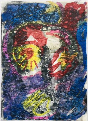 12- Peinture Aniline sur papier - L 25 cm X H 34,5  cm  Titre Clown Calypso  Année 1989  Artiste  Danielle STEIL MARCHAL 