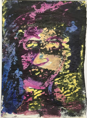 4- Peinture Aniline sur papier - L 25 cm X H 34,5  cm  Titre Clown Lou  -  Année 1989  Artiste  Danielle STEIL MARCHAL 