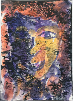 3- Peinture Aniline sur papier - L 25 cm X H 34,5  cm  Titre Clown jaune  -  Année 1989  Artiste  Danielle STEIL MARCHAL 