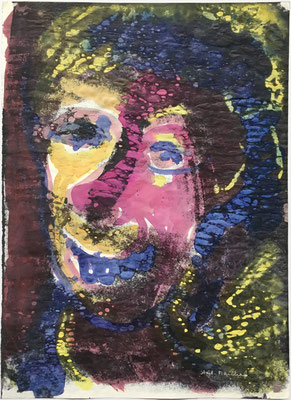 7- Peinture Aniline sur papier - L 25 cm X H 34,5  cm  Titre Clown aux dents bleues-  Année 1989  Artiste  Danielle STEIL MARCHAL 