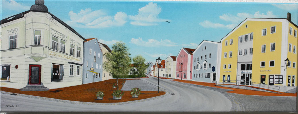 Nr.190 Dorfen Johannisplatz mit Blick auf das Wesner Tor. Format 80x30cm Breitkeilrahmen