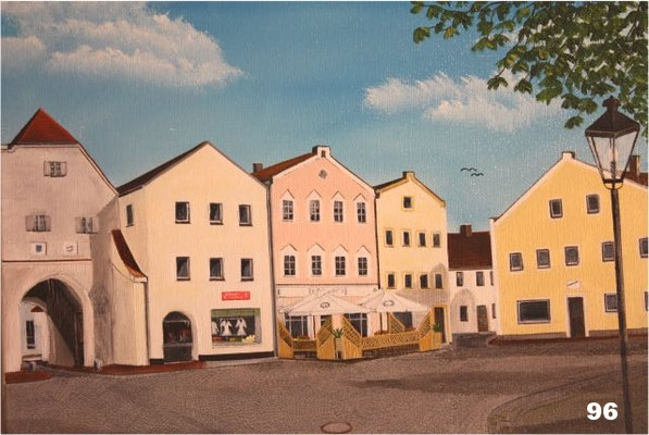 Nr.96 Dorfen, Altöttinger Tor mit Cafe am Marktplatz. Format 30x40cm