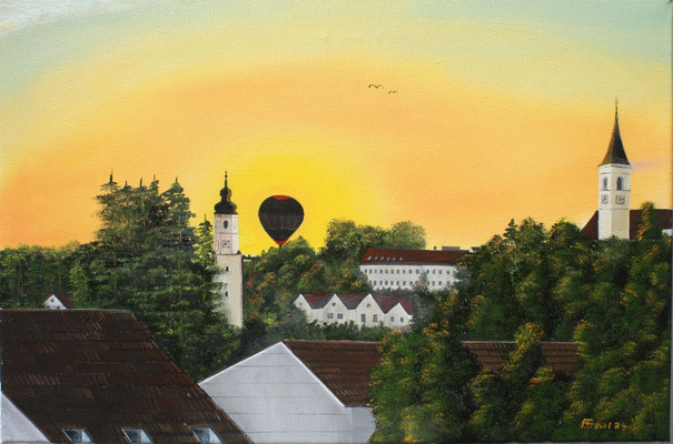 Nr.196 Sonnenuntergang in Dorfen mit Ballon. Format 60x40cm