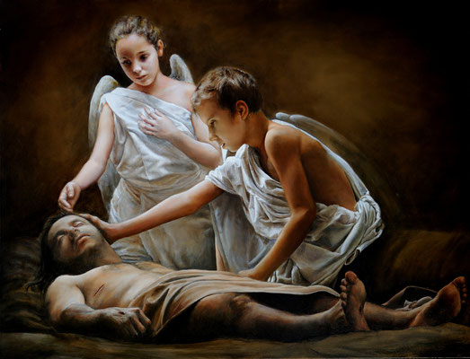 Cristo velado por dos ángeles. Pintura religiosa