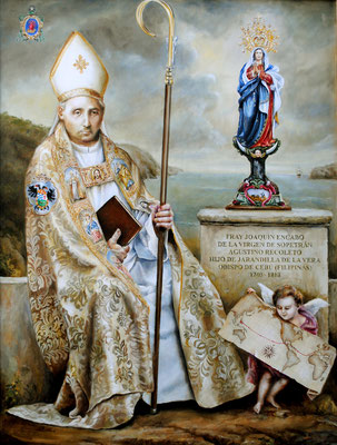 Retrato del obispo Fray Joaquín Encabo, agustino recoleto. En este retrato se ha empleado una técnica mixta temple-óleo.   Incluye la imagen "oficial" de la Virgen de Sopetrán