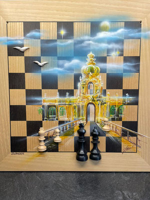 Ein Schachbrett bemalt mir dem Zwinger aus Dresden. Figuren halbiert und aufgeklebt - 40x40 cm