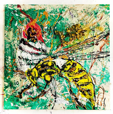 HONEY & BEES, 130x130 cm, acrylic, charcoal, wood on canvas, VIENNA 2023,  photo: Reinhold Ponesch ©
