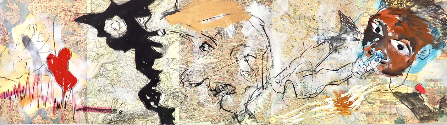 I HEART YOU, 69x240 cm, acrylic, charcoal on paper maps, New York 2017, photo: Reinhold Ponesch ©