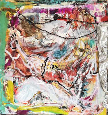 INSIDE OUT, 90x90 cm, acrylic, oil, aluminium, string, paper on canvas, 2024; photo: Reinhold Ponesch ©