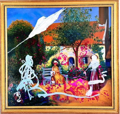 DANCING IN THE GARDEN, 62x65 cm, acrylic on canvas, overpainting, framed, 2024, Reinhold Ponesch ©