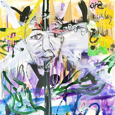 KING OF CREATIVITY, 83x83 cm, framed, acrylic, paper, epoxy casting resin, charcoal, VIENNA 2022, photo: Reinhold Ponesch ©