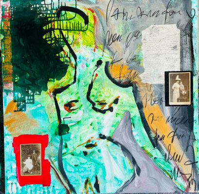 A WOMANS HISTORY, 100x100 cm, acrylic, photos on canvas, Kolbermoor 2023,  photo: Reinhold Ponesch ©