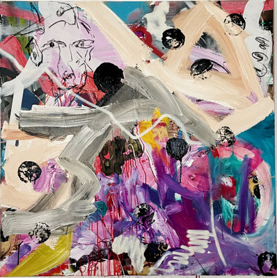 LISTEN TO ME, 100x100 cm, acrylic, spray paint, charcoal on canvas, VIENNA 2022,  photo: Reinhold Ponesch ©