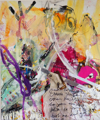 HELPING HAND, 150x125 cm, acrylic, fabric, ireon, charcoal on canvas, LEIPZIG 2018, Photo Reinhold Ponesch ©