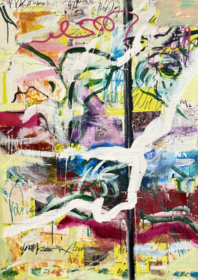 NOTES TO A FRIEND, 140x100 cm, oil, acrylic, charcoal, paper on canvas, Vienna, 2022, photo: Reinhold Ponesch ©
