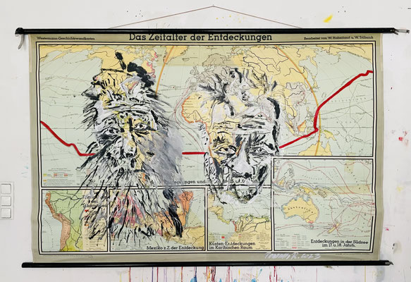 WELT AM SEIDENEN FADEN, 140x218 cm, acrylic on old school map, Vienna, 2023, Reinhold Ponesch ©