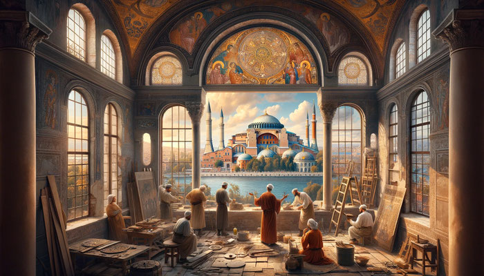 DALL·E ist nicht in der Lage, Byzanz und die Hagia Sophia um das Jahr 1000 ohne anachronistische Minarette dazustellen