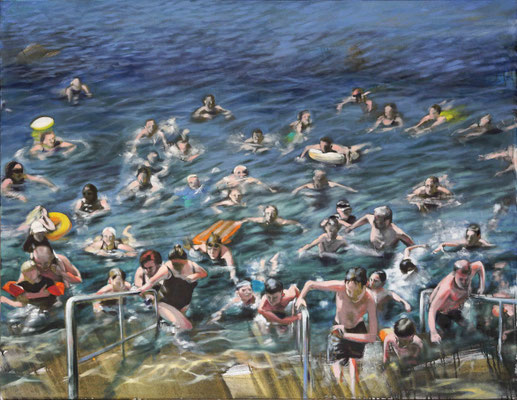 Badetag 2, Ausbaden, 2024, Acryl/Öl auf LW, 100 x 130