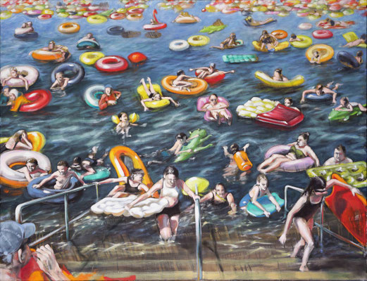 Badetag 1, freundliche Übernahme, 2024, Acryl/Öl auf LW, 100 x 130 (sold)