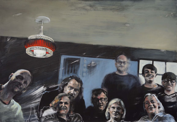 Gruppenbild mit Lampe, 2019, Öl auf Leinwand, 110 x 160  (sold)